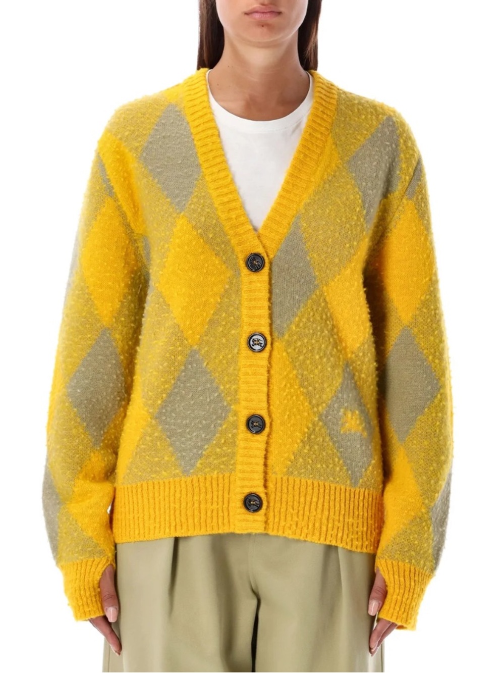Burberry Argyle Patterned 100% Wool Cardigan V-Neck Yellow Gray Size Small